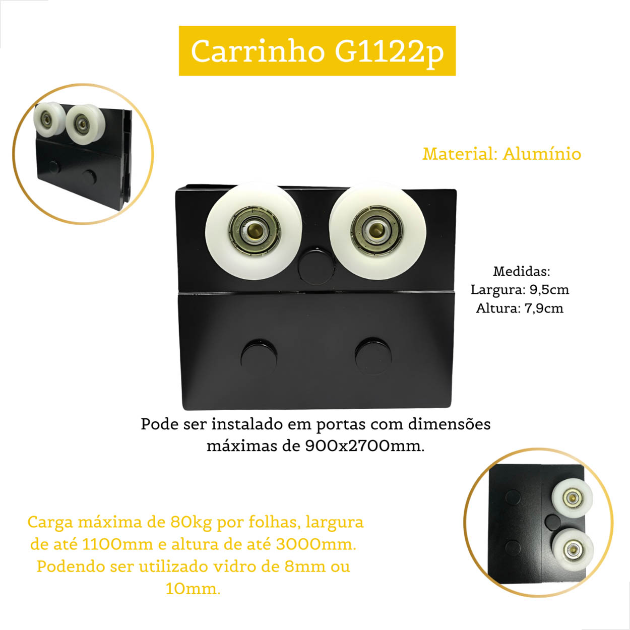 Carrinho G1122P Para Piso Porta De Correr De Vidro Preto