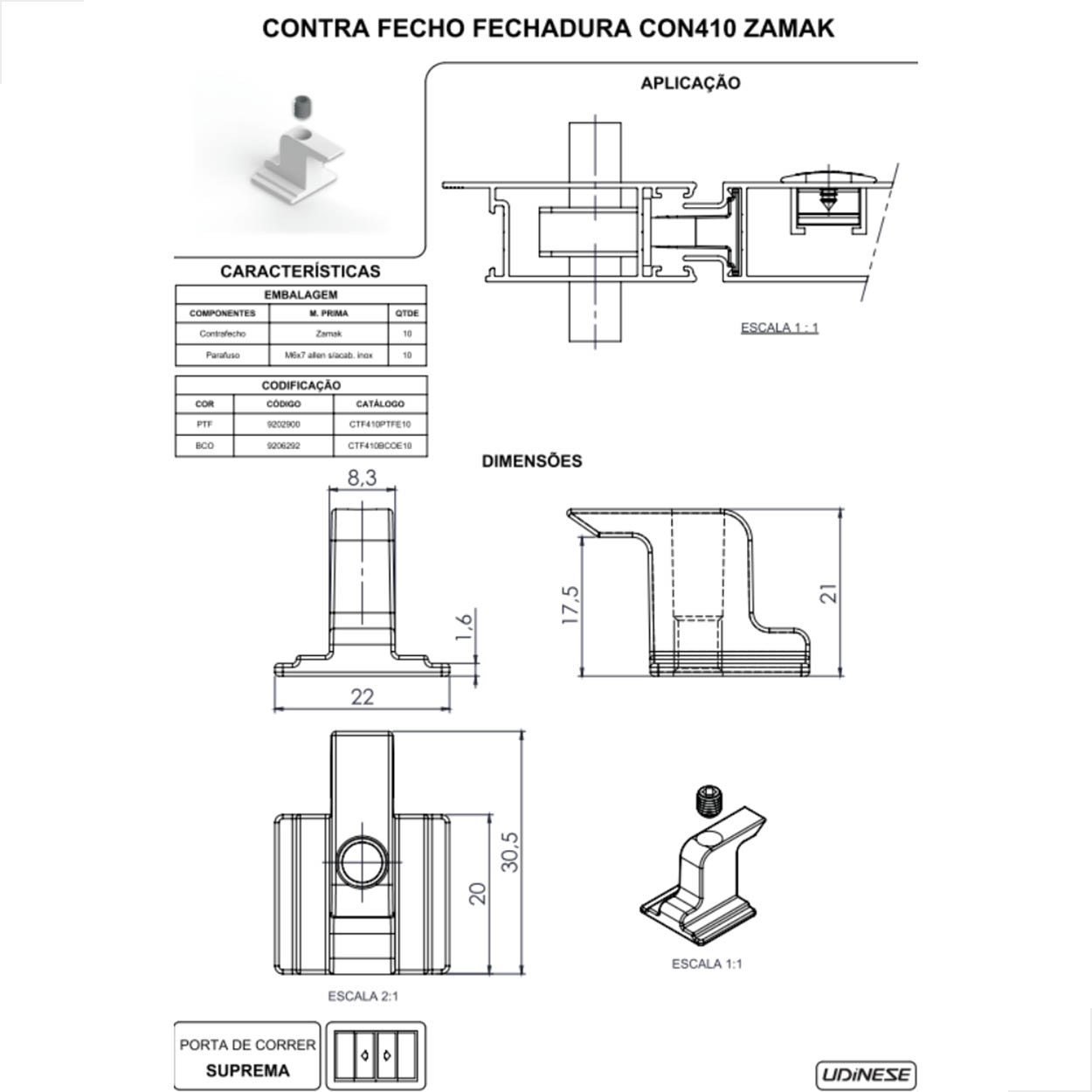 Contra Fecho Fechadura Central Con-410 Zamak C/10 Branco