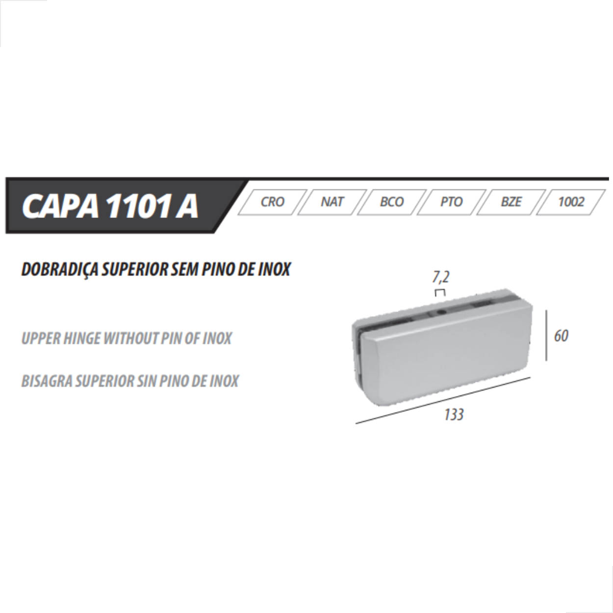 Dobradiça Superior S/Pino Porta De Vidro CH1101A Preto