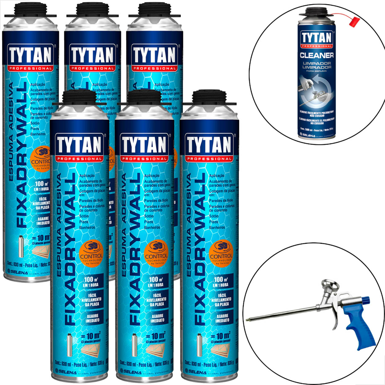 kit - Espuma Tytan Dry Wall 830Ml 6Un + Aplicador e Limpador