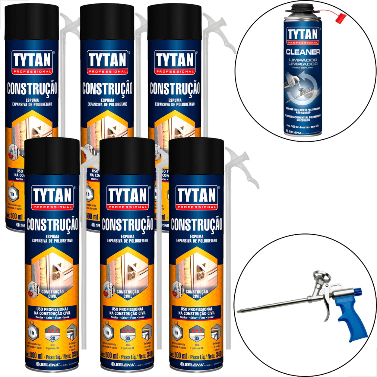 Espuma Tytan Construção 340/500Ml 6Un + Aplicador e Limpador
