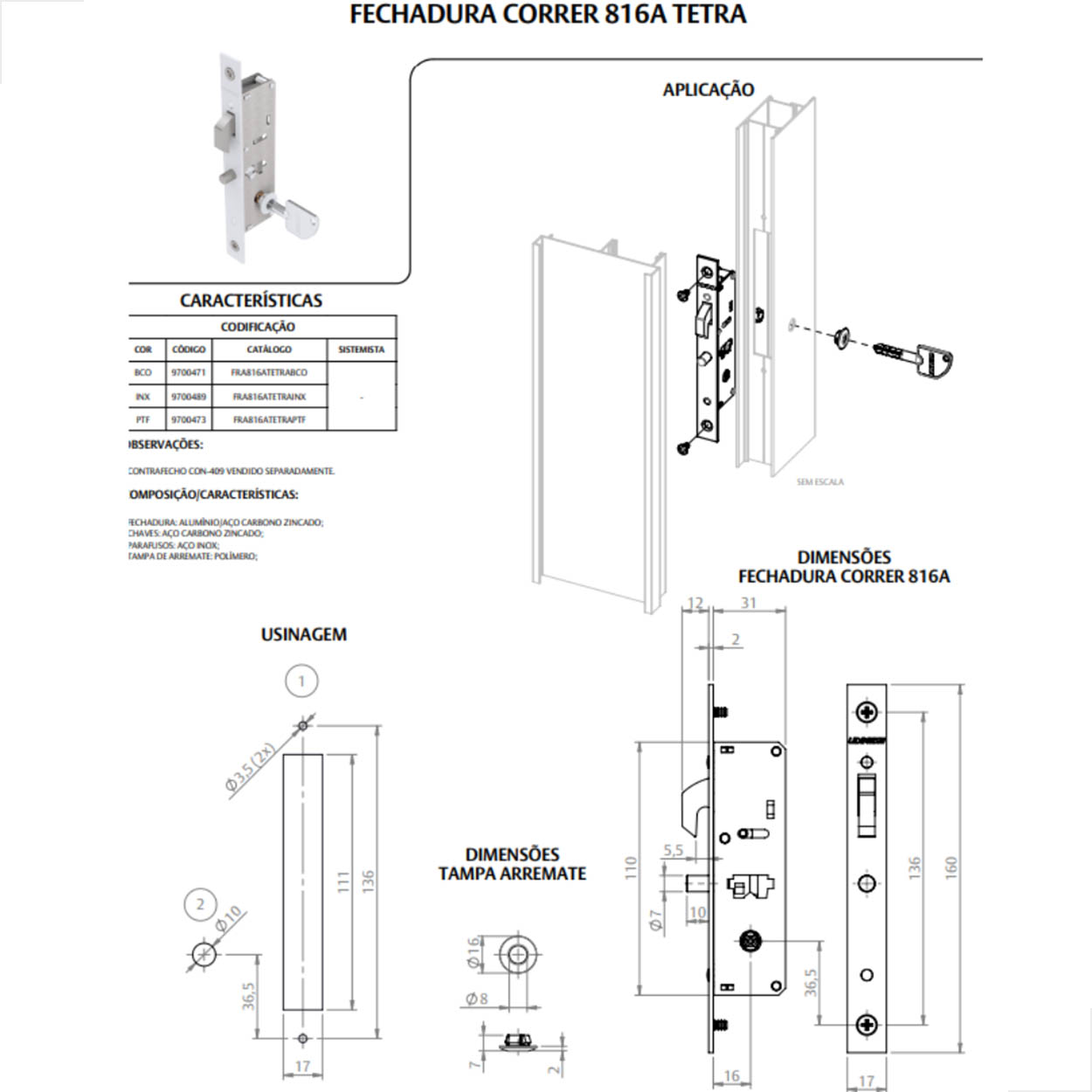 Fechadura Correr 816A Tetra Bico De Papagaio Udinese Branco