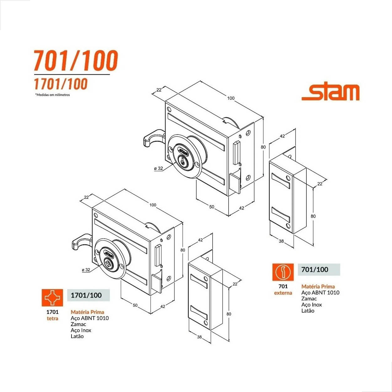 Fechadura Sobrepor Portão Stam 701/100 Externa Inox 2 Chaves