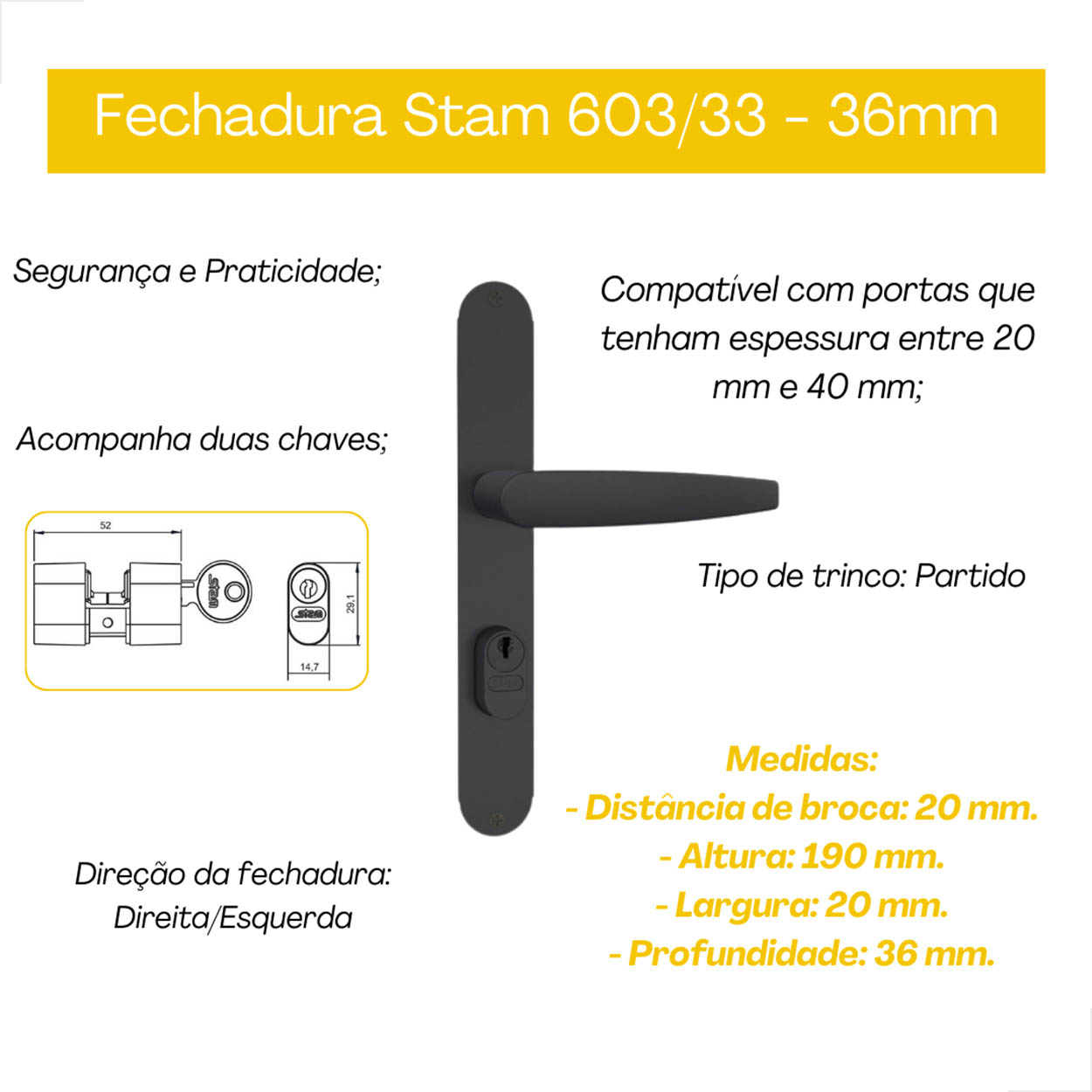 Fechadura Stam Perfil Porta Alumínio 603/33 36mm Preto Fosco