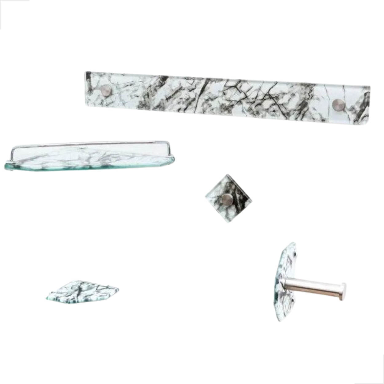 Kit Prime Para Banheiro Em Vidro Reto Marmore Branco 05 Pçs