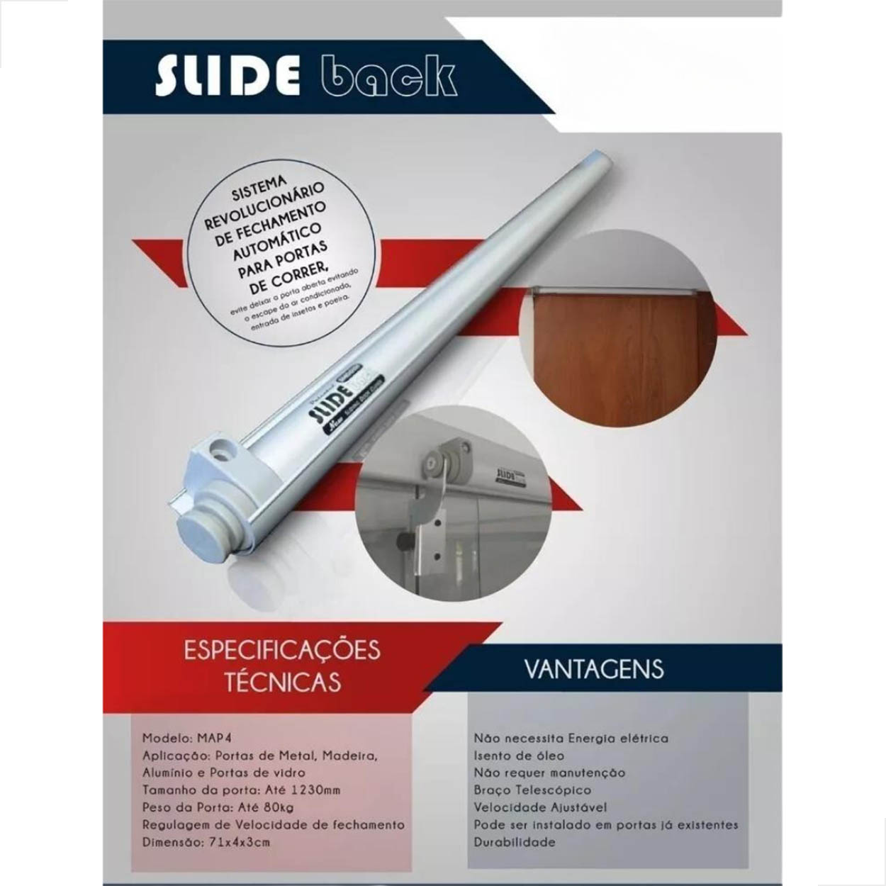 Slideback Fechadura P/Porta Vão De 80cm Até 123cm Map4h Perx